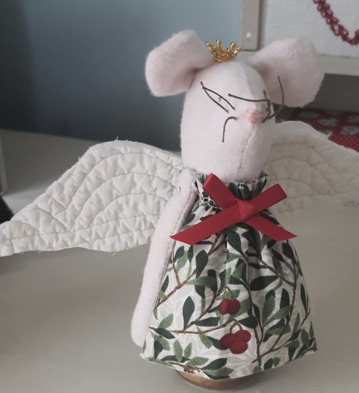 Cute Fabric Angel Mouse on a Vintage Bobbin 