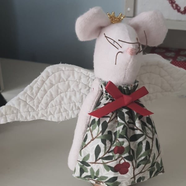 Cute Fabric Angel Mouse on a Vintage Bobbin 