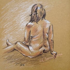 Sitting Nude Lady Original Drawing Art 