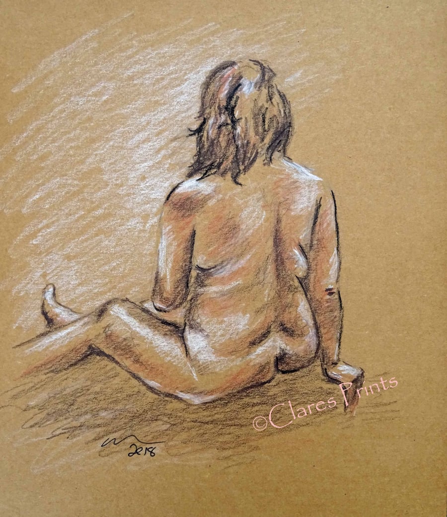Sitting Nude Lady Original Drawing Art 