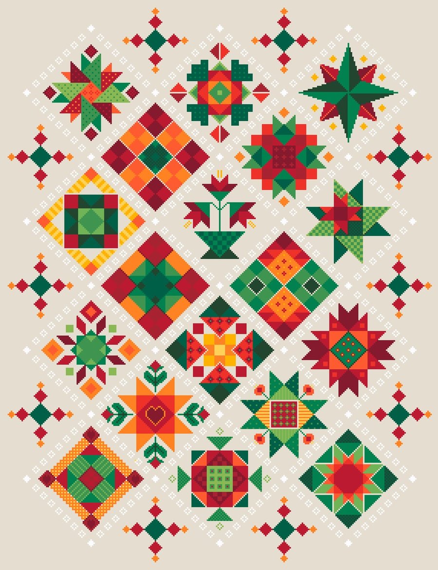 043E - Shaker Patchwork Large Christmas Quilt on Oatmeal - Cross Stitch Pattern