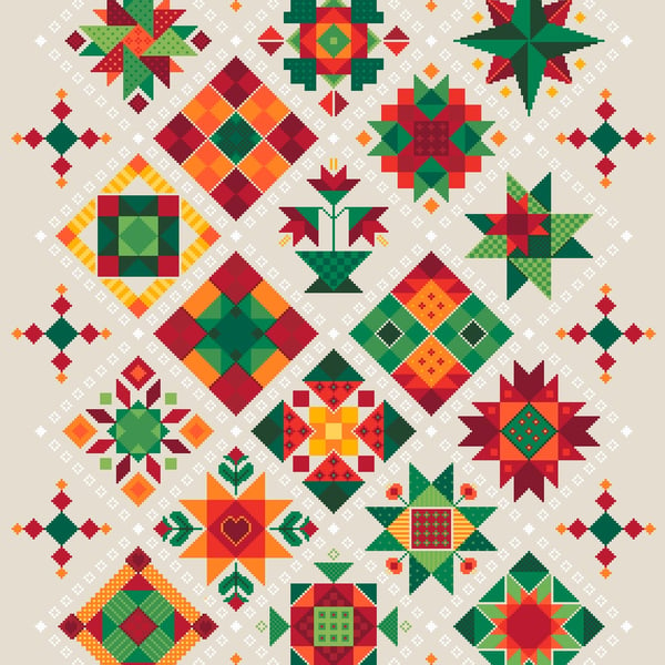 043E - Shaker Patchwork Large Christmas Quilt on Oatmeal - Cross Stitch Pattern