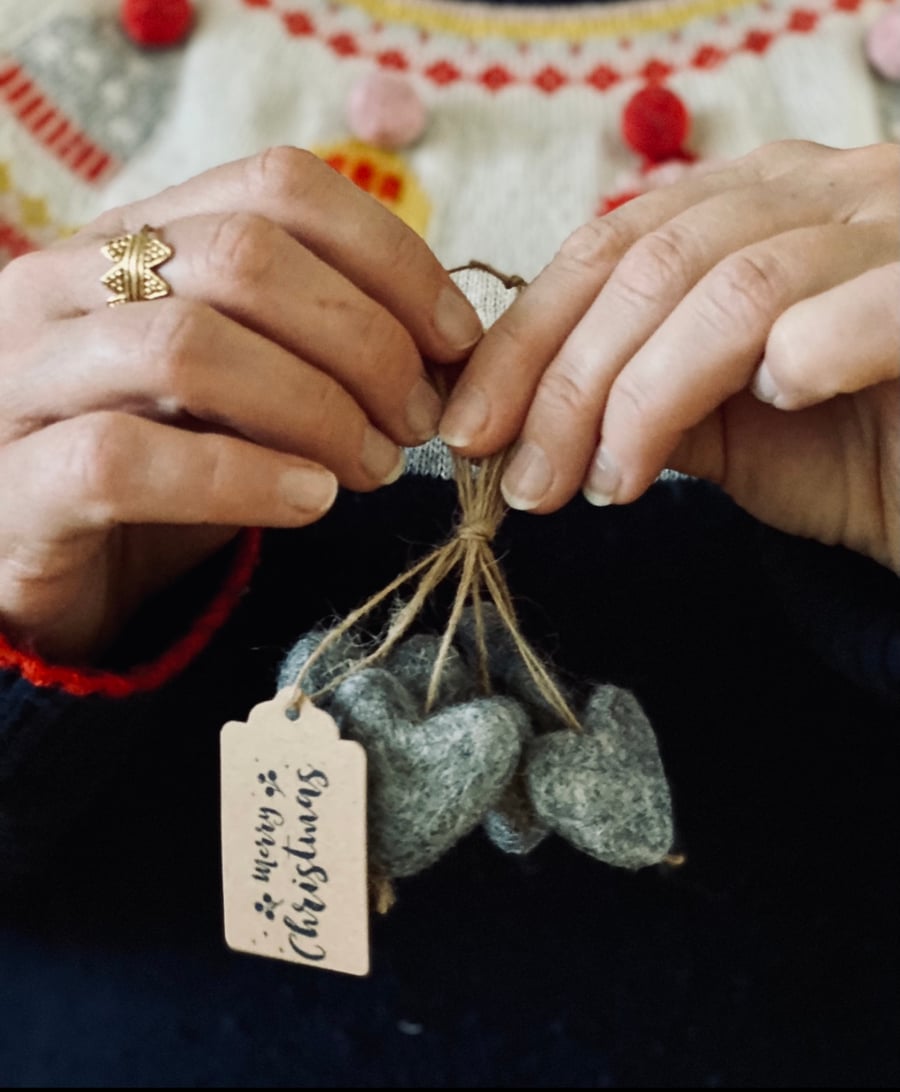 5 Ash Grey Heart Christmas Decorations 