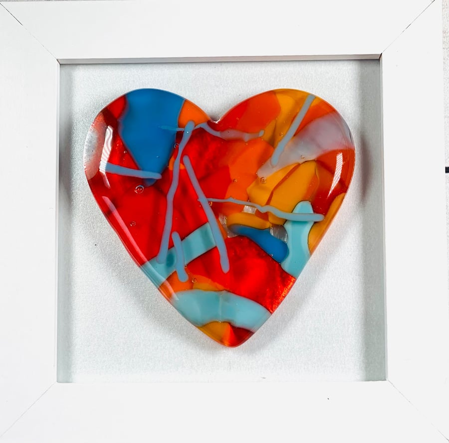 Fused glass heart in a box frame picture