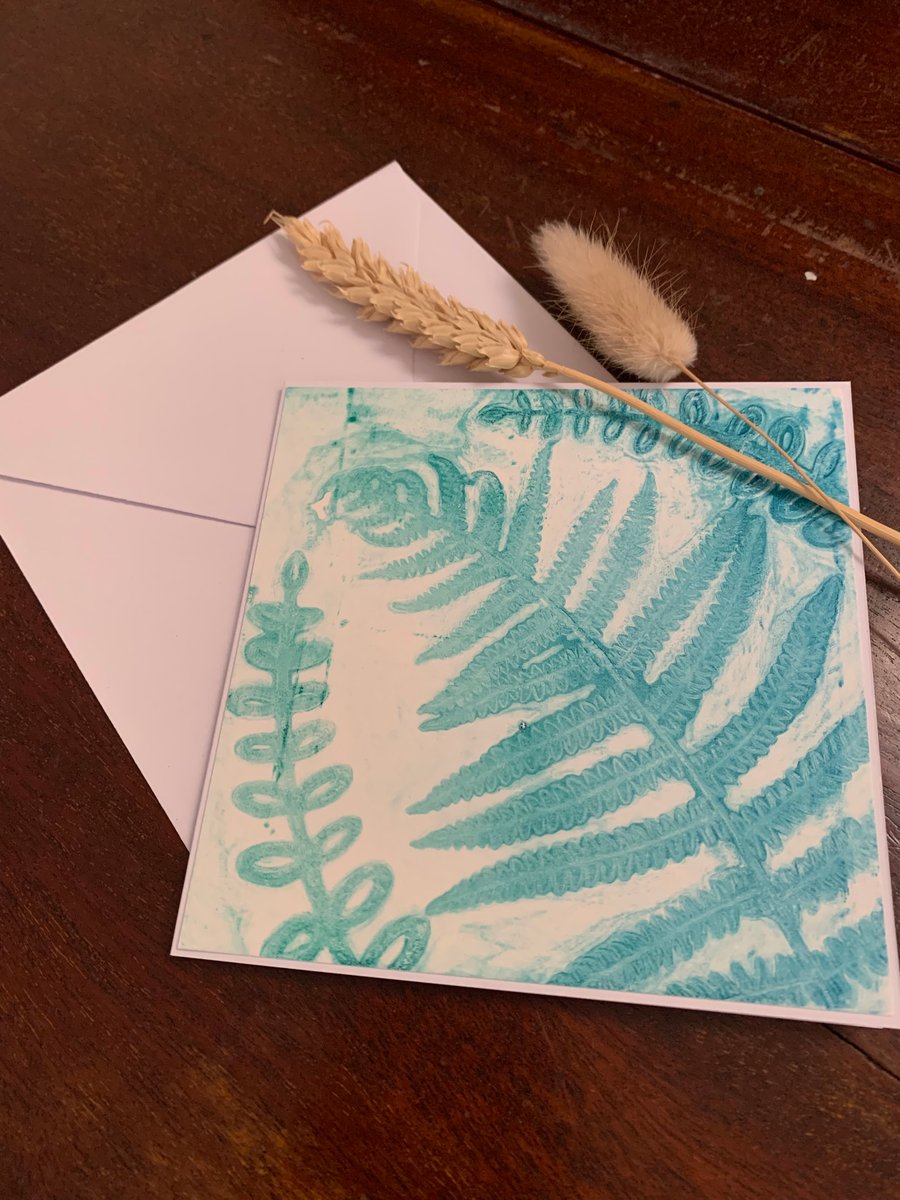Original gelli printed fern card in teal