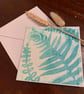 Original gelli printed fern card in teal