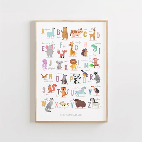 Personalised Animal Alphabet Print – Custom Nursery & Kids Room Wall Art
