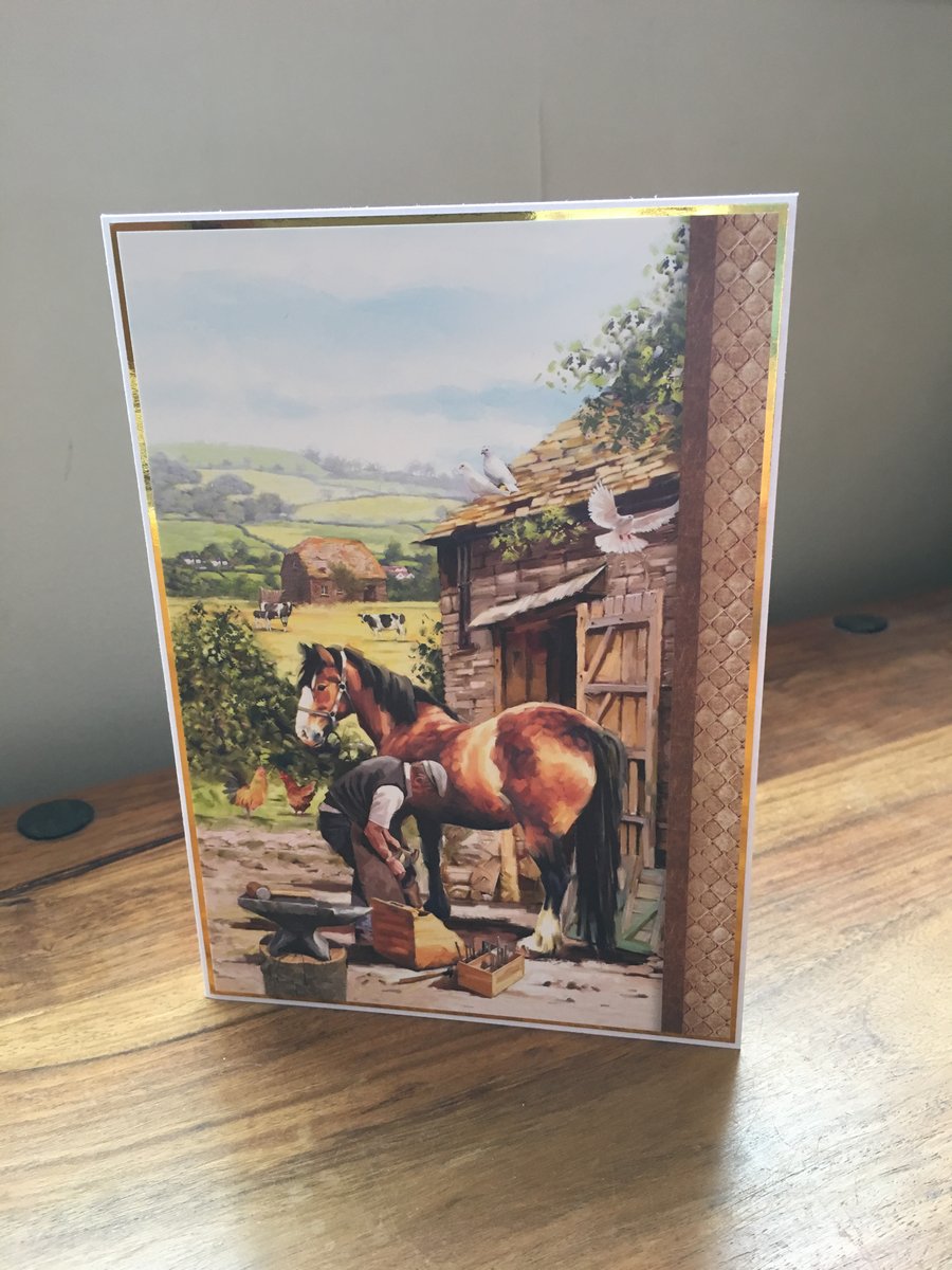 Handmade Birthday Card - Horse in Farmyard - Blank inside