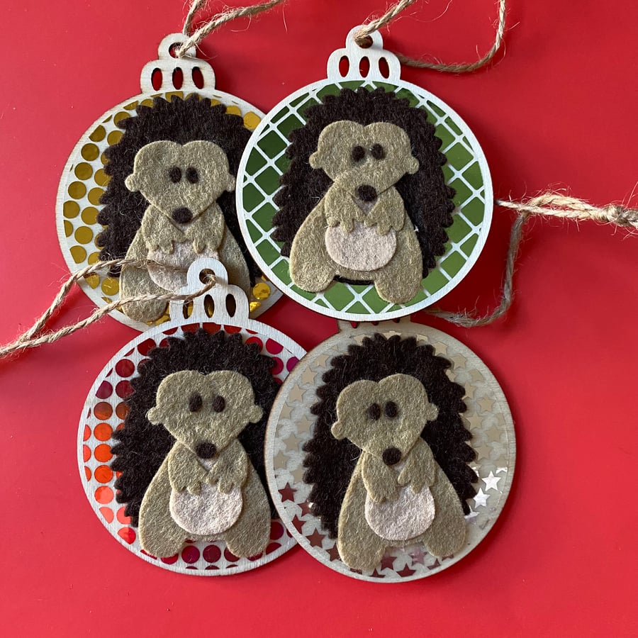 Hedgehog Christmas tree decorations. Single or set of four Christmas decorations