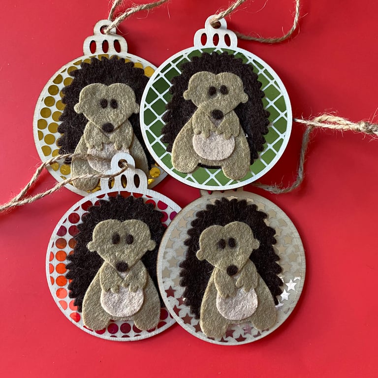Hedgehog Christmas tree decorations. Single or set of four Christmas decorations