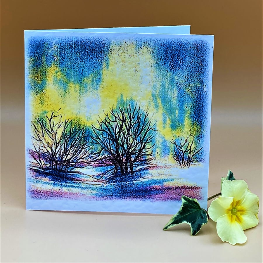 The Northern lights 'with snow falling', Colourful Blank Greetings Card 