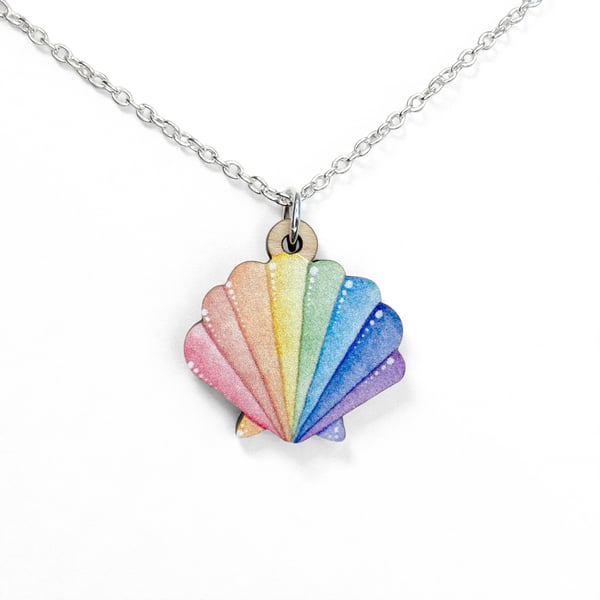 Scallop Shell Necklace. Wooden Pendant. Sterling Silver Seaside Jewellery.