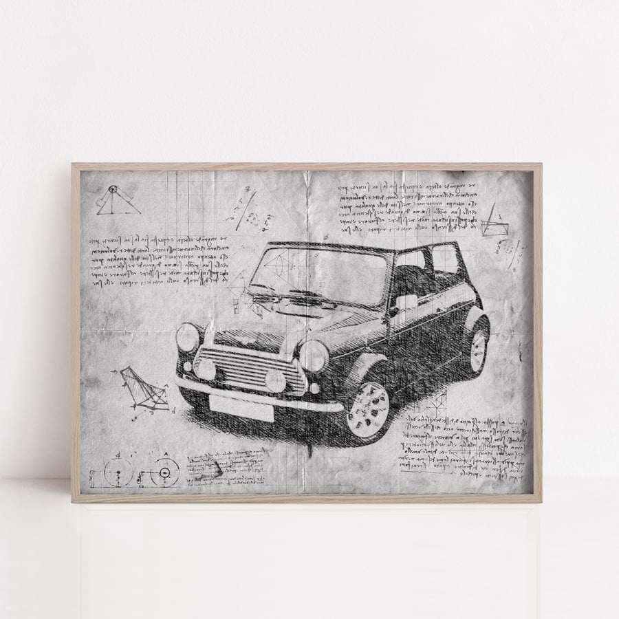 Mini Cooper Classic Car black and white Da Vinci style art piece