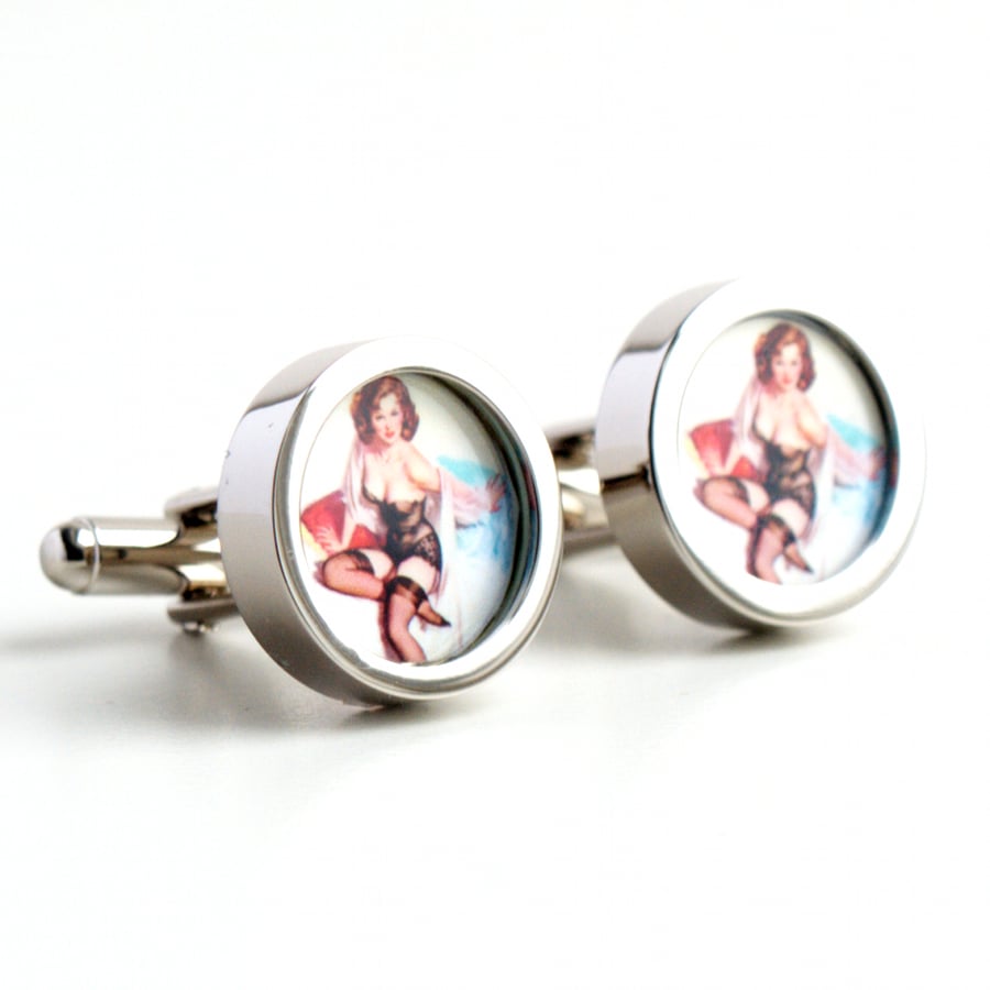 Erotic Pinup Cufflinks of a Brunette in Black Stockings