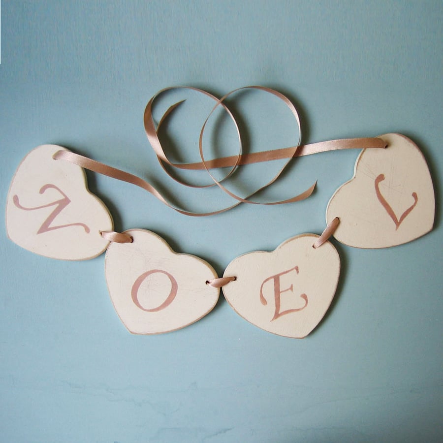 Child's Heart Garland, Wooden Hearts, Personalised.