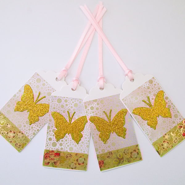 Set of 4 pink and gold butterfly gift tags for any occasion 
