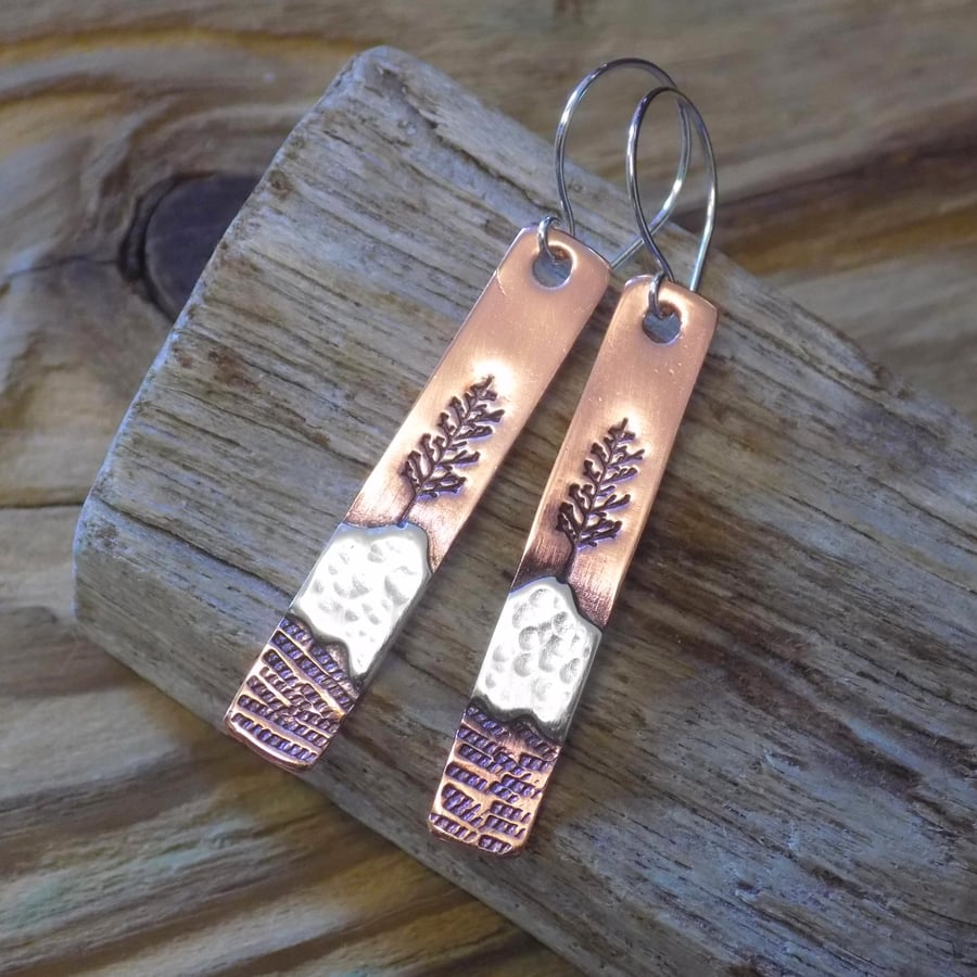 Copper and silver 'winter sun' mixed metals scene drop earrings