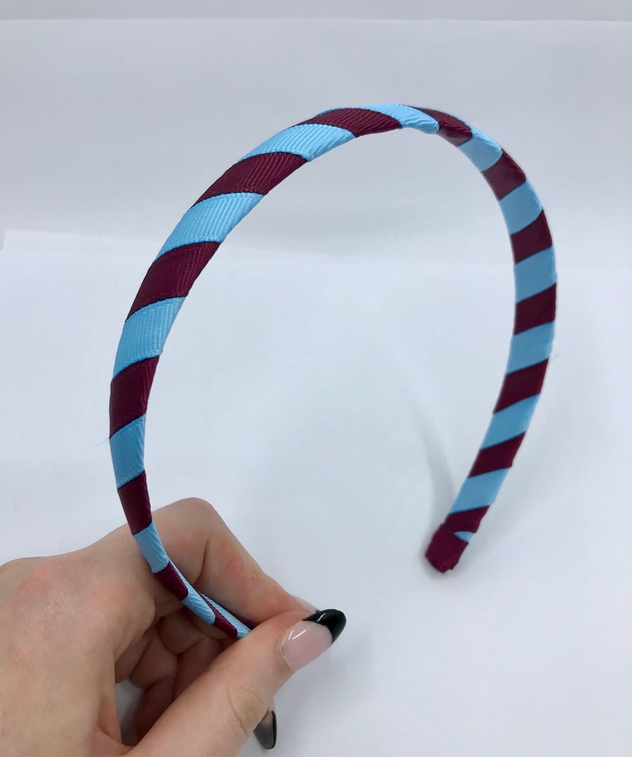 School Wine and Light Blue 1.8cm striped Hairband
