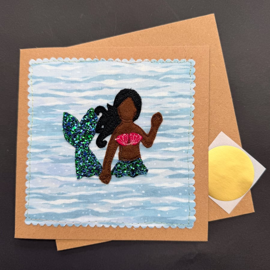 mermaid free motion appliqué blank greetings card