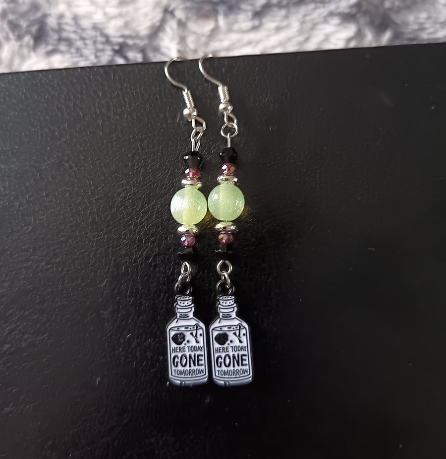 Black and white potion bottle charm dangle earrings with beads