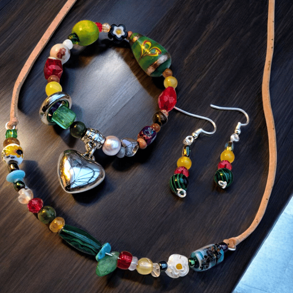 Handmade Upcycled Unique Boho Necklace  Bracelet and Earring Set