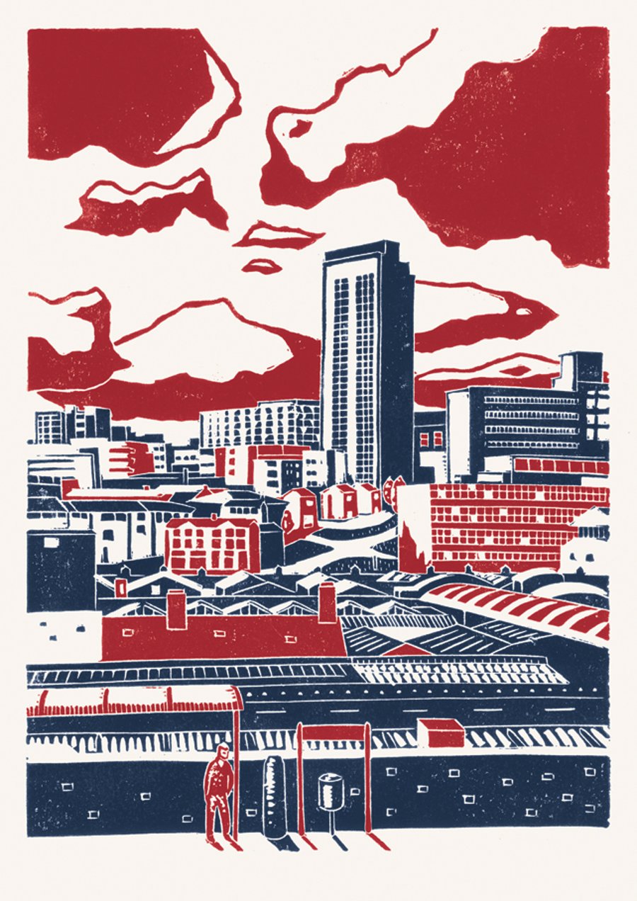 Sheffield City View A3 poster-print (red-blue)