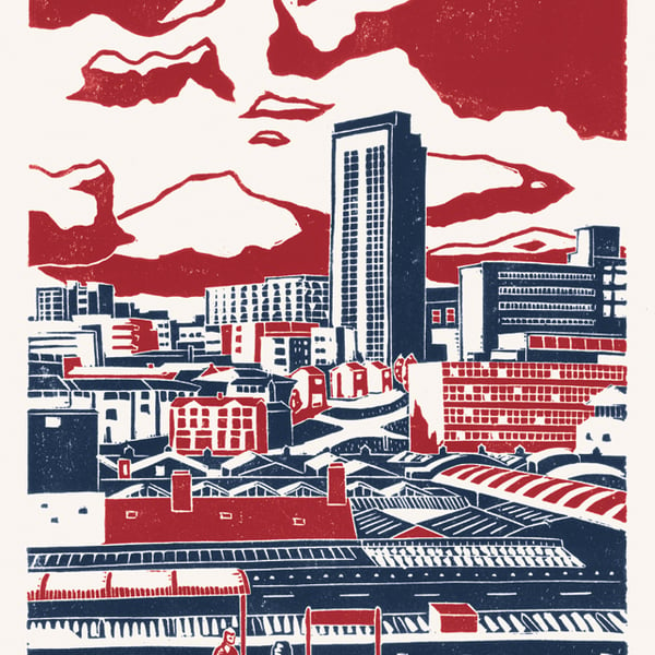 Sheffield City View A3 poster-print (red-blue)