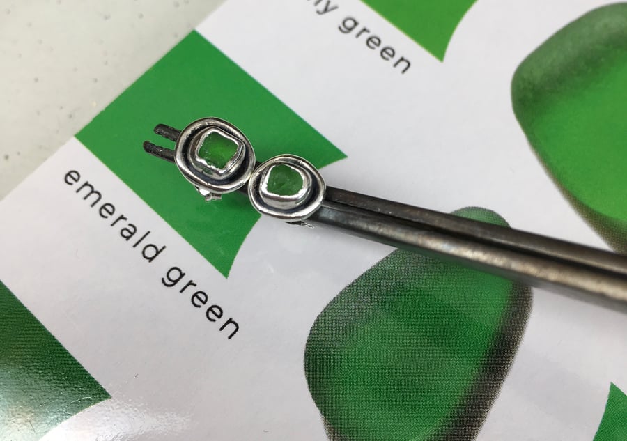 Welsh Handmade Emerald Green Sea Glass and Silver Stud Earrings