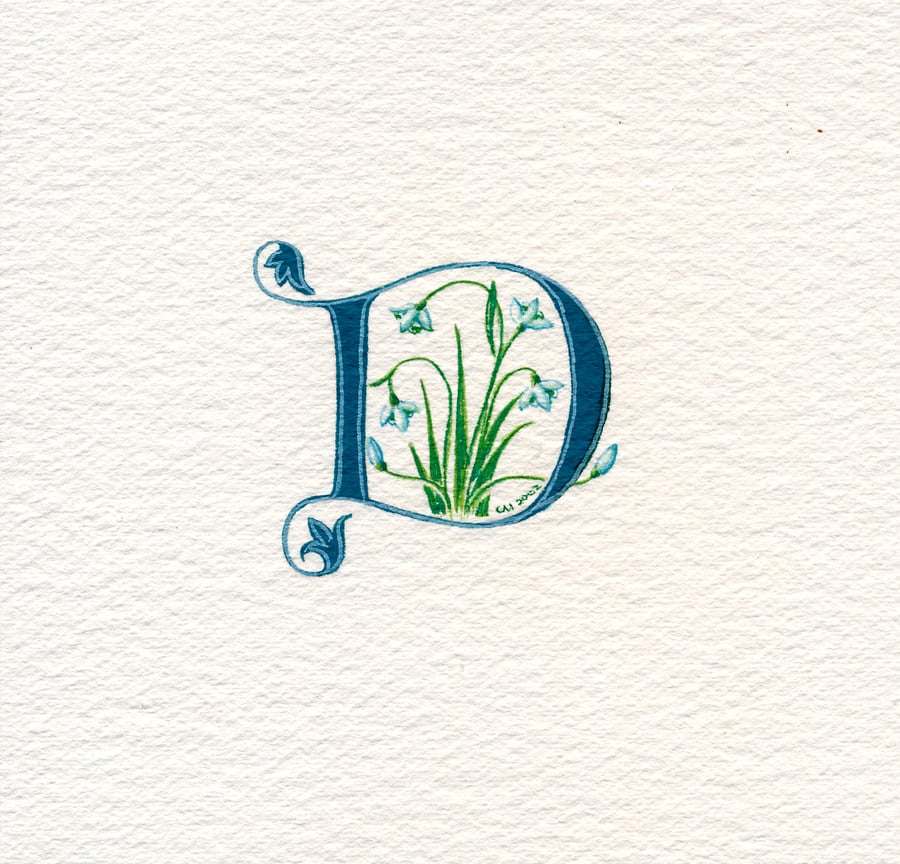 Initial letter D' handpainted in dark green with snowdrops