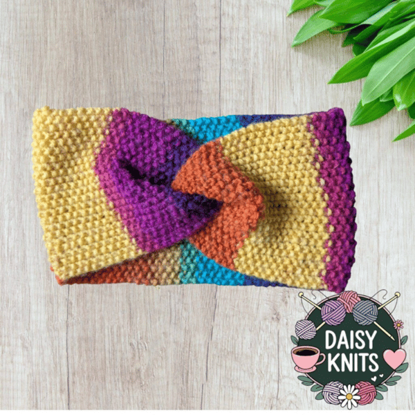 Hand Knitted Ear Warmer in Bright Multi Coloured Yarn