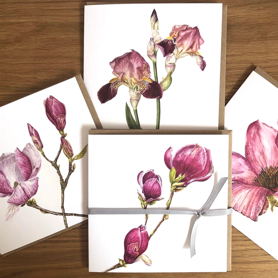 Floral Botanical Art Cards Set of four with Magnolias and Irises