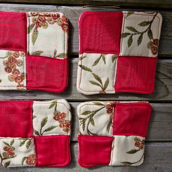 Set of 4 autumn berries, autumn or Christmas 2 sided handmade fabric coasters