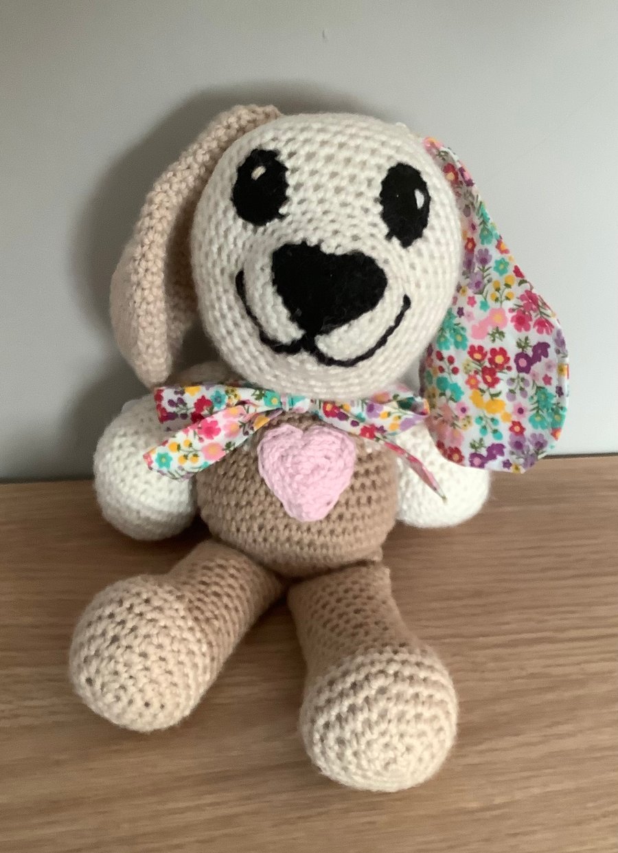 Hand Crocheted Clothears Loveheart Puppy. 