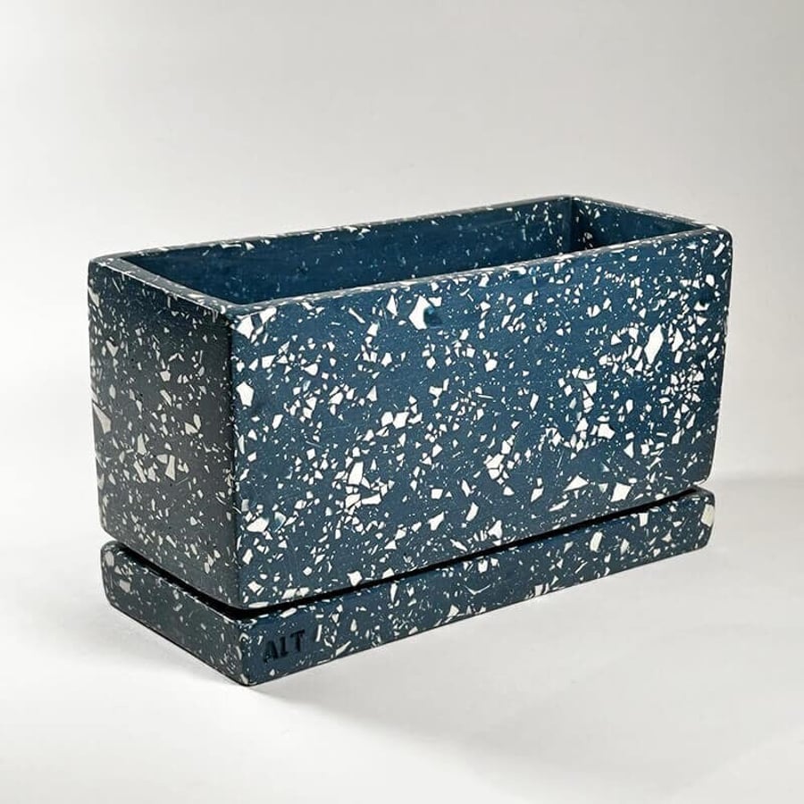 Terrazzo Rectangular Plant Pot Navy, Indoor Planter with Drainage holes & tray