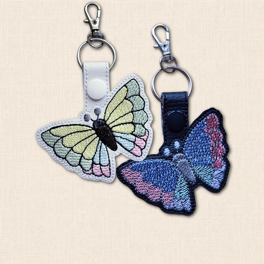 Stained Glass Butterfly Keyring - Embroidered Faux Leather Bag Charm