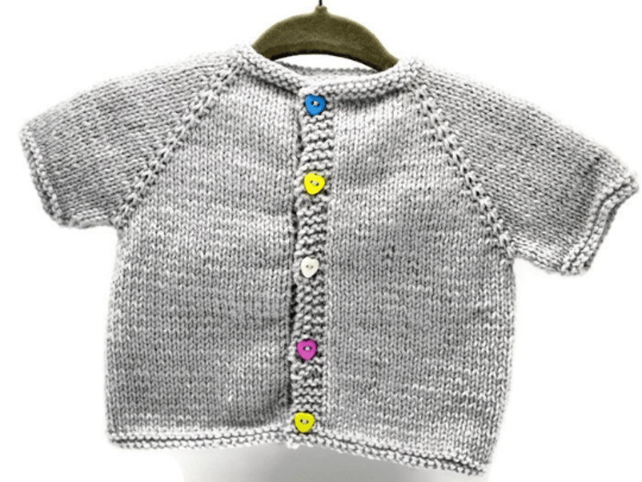 Hand Knitted Baby Cardigan - Grey acrylic - 0-3months