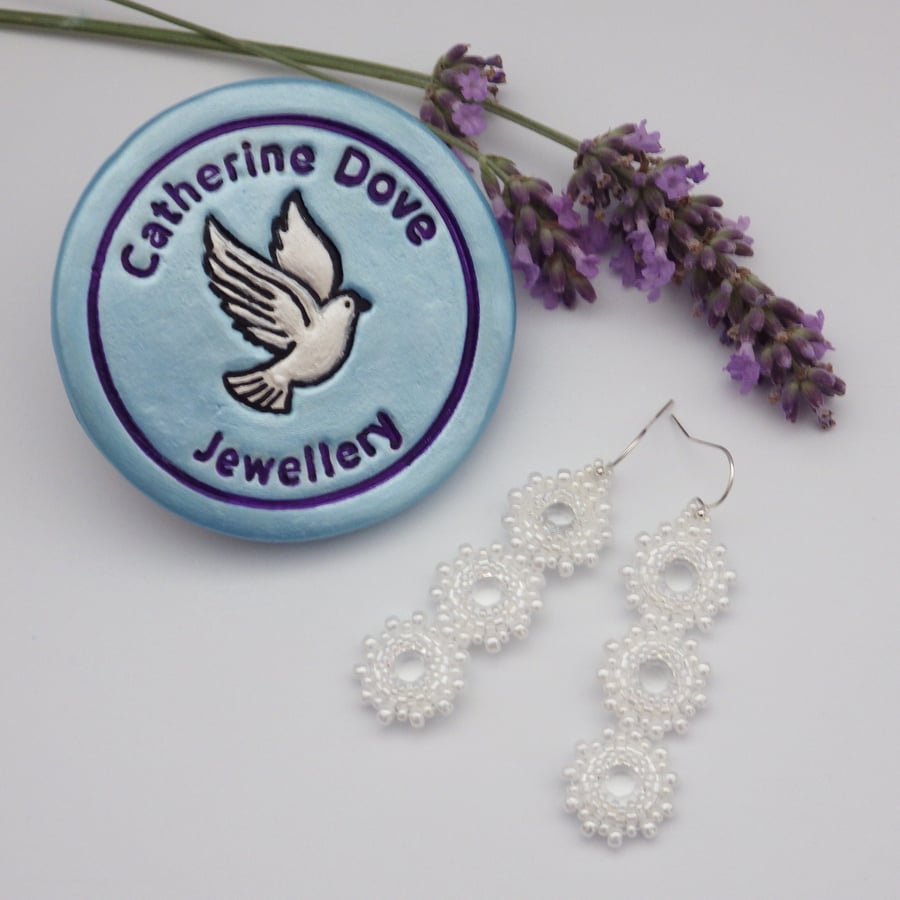 Pearly white beadwoven Swarovski crystal earrings