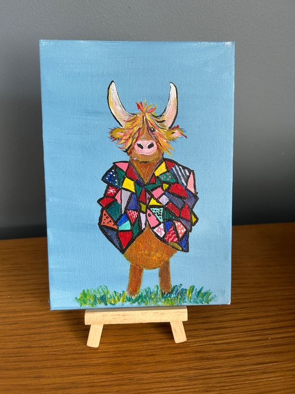 Original Highland cow in acrylics 5x7" with mini easel 