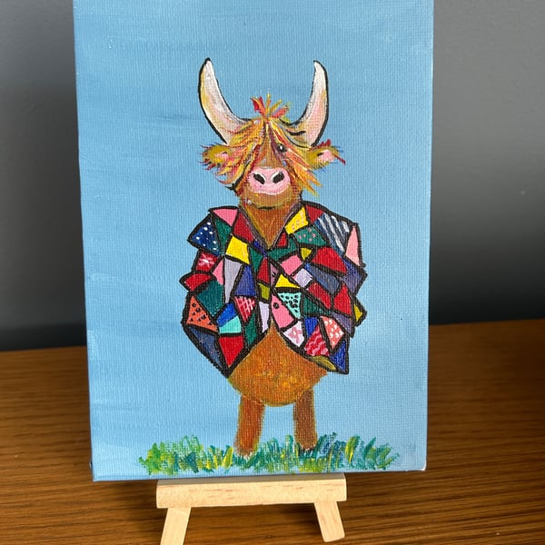 Original Highland cow in acrylics 5x7" with mini easel 