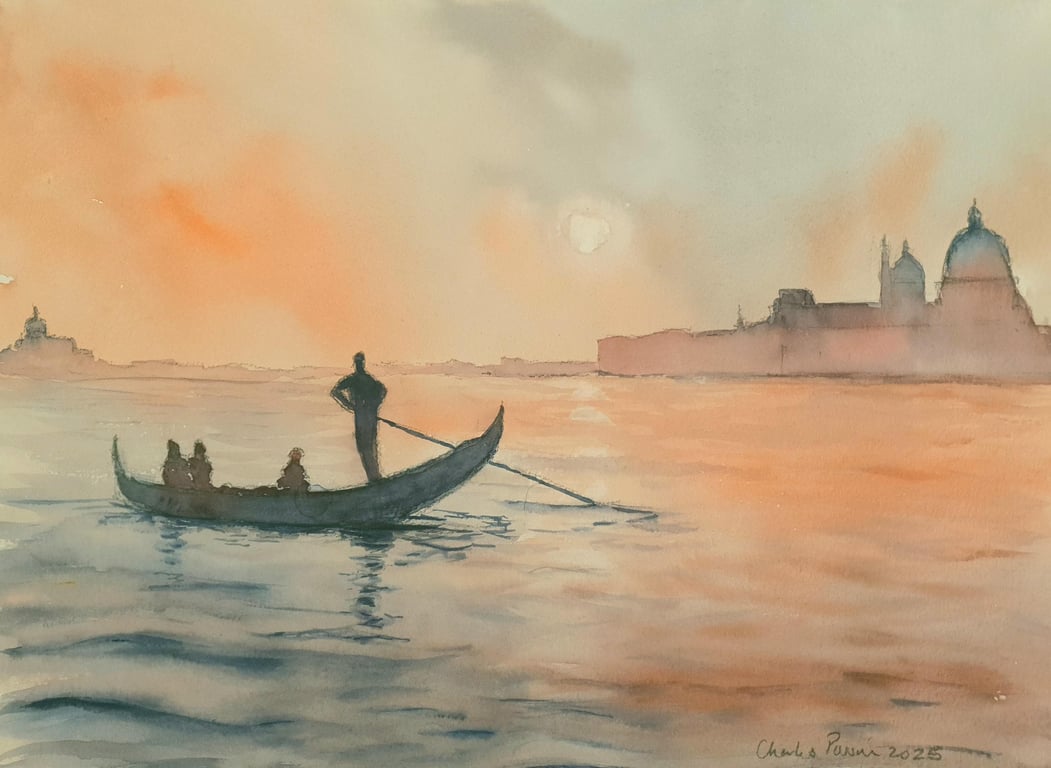 Original Watercolour Landscape. Venice Sunrise . 15x11 inches. 