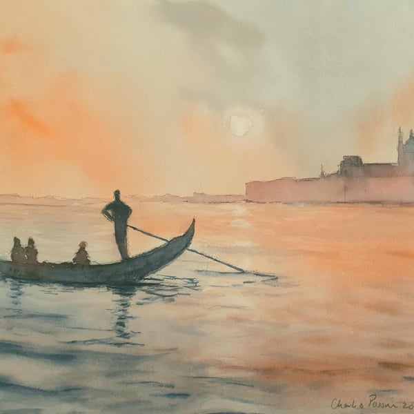Original Watercolour Landscape. Venice Sunrise . 15x11 inches. 
