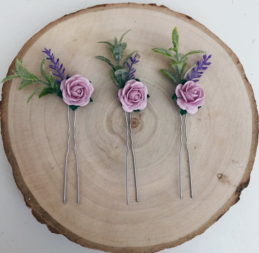 Lavender and lilac flower hair pins