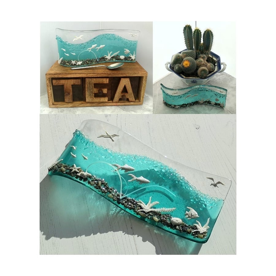 Handmade Fused Glass 3D Under The Sea Free Standing Curved Picture Suncatcher 