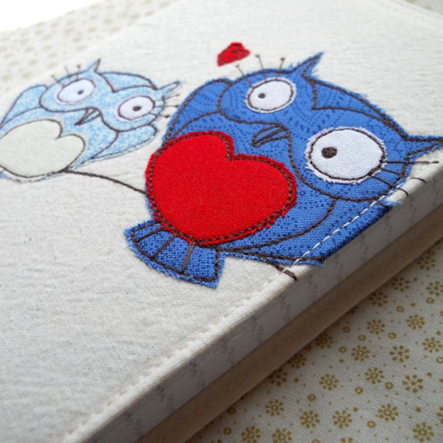 embroidered notebook - blue owls - A6 