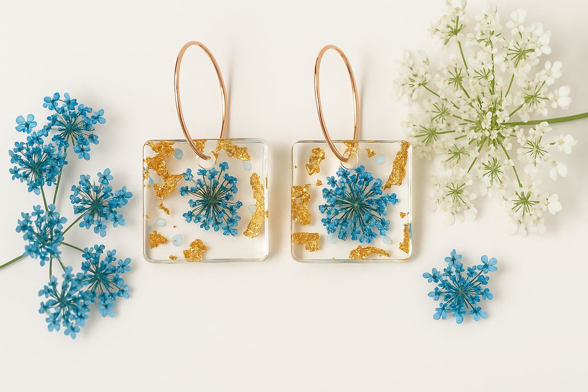 Square Blue Flower Resin Earrings – Gold Leaf Botanical Dangle Earrings 