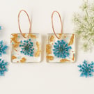 Square Blue Flower Resin Earrings – Gold Leaf Botanical Dangle Earrings 