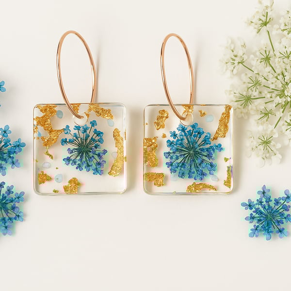 Square Blue Flower Resin Earrings – Gold Leaf Botanical Dangle Earrings 