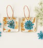 Square Blue Flower Resin Earrings – Gold Leaf Botanical Dangle Earrings 