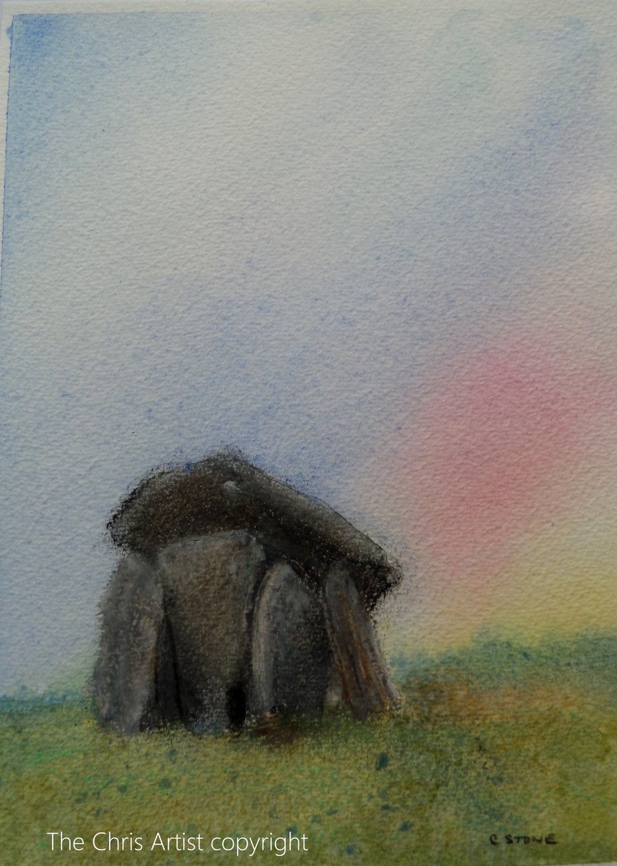 Trethevy Quoit sunrise standing stones Cornwall in watercolour and oil pastel