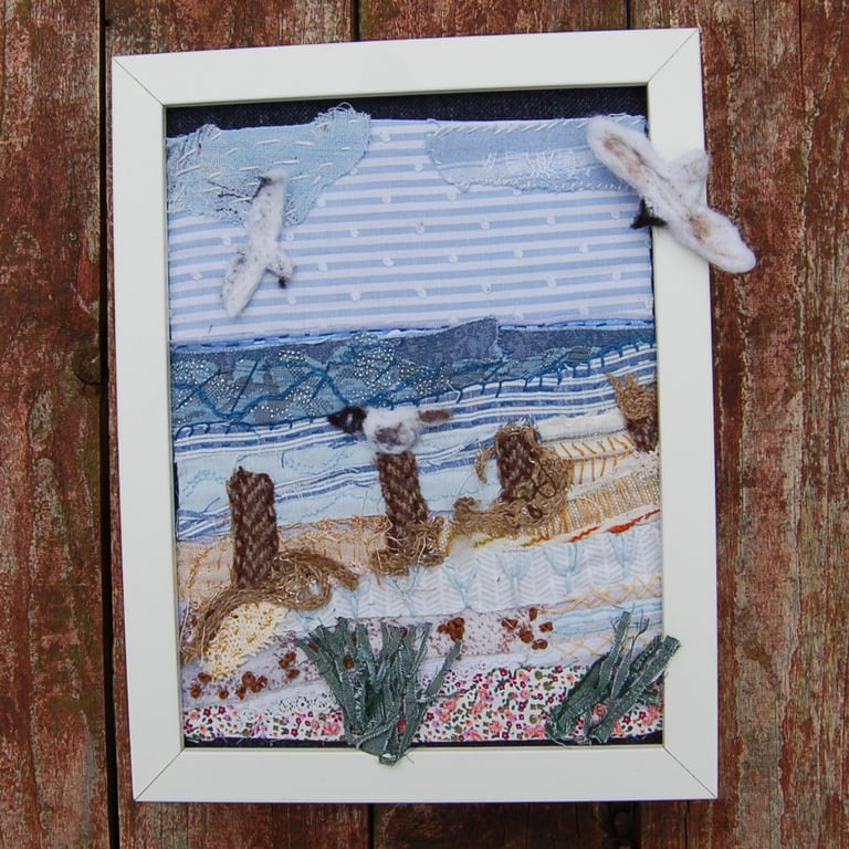 Low Tide - Upcycled  Slow Stitched Textile Art coastal scene. 